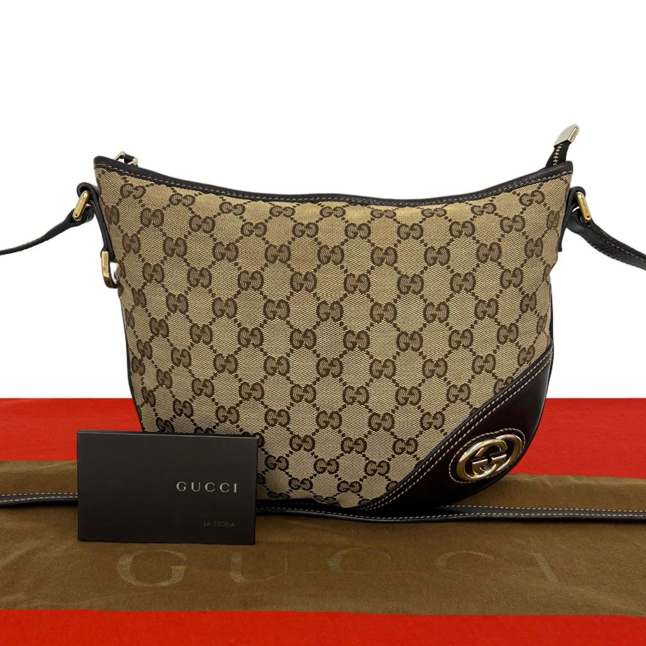 極 美品 袋付き GUCCI グッチ GG 柄 ロゴ 金具 キャンバス レザー 本革