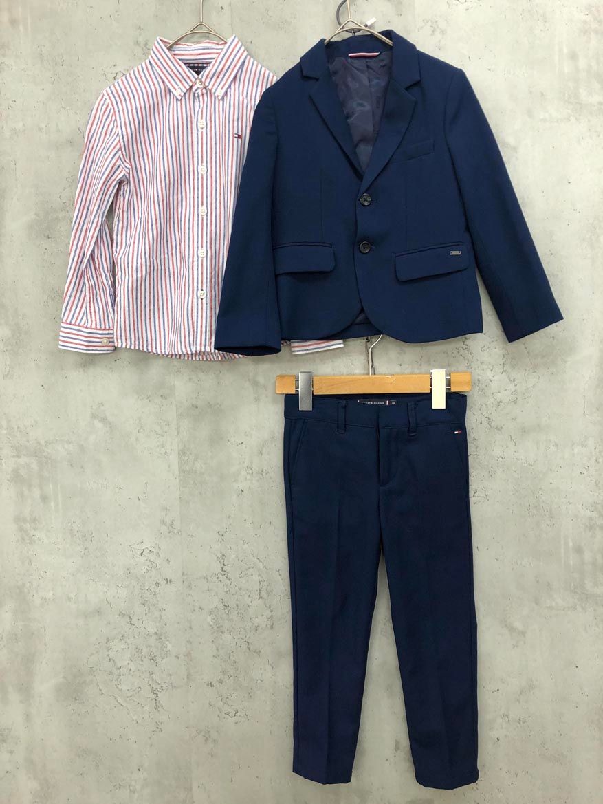 TOMMY HILFIGER トミーヒルフィガー 三点 シャツ セットアップ ジャケット パンツ スーツ sizeJK シャツ 110 パンツ 104/紺 ■■◎キッズ
