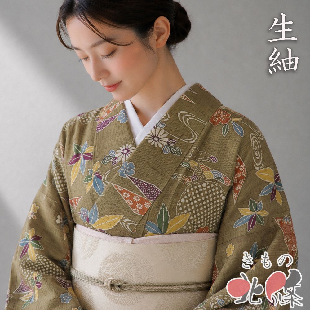 生紬 着物 中古 正絹 袷 カジュアル 流水に花模様 路考茶色 多色 身丈156cm 裄67cm M きもの北條 A1397-7