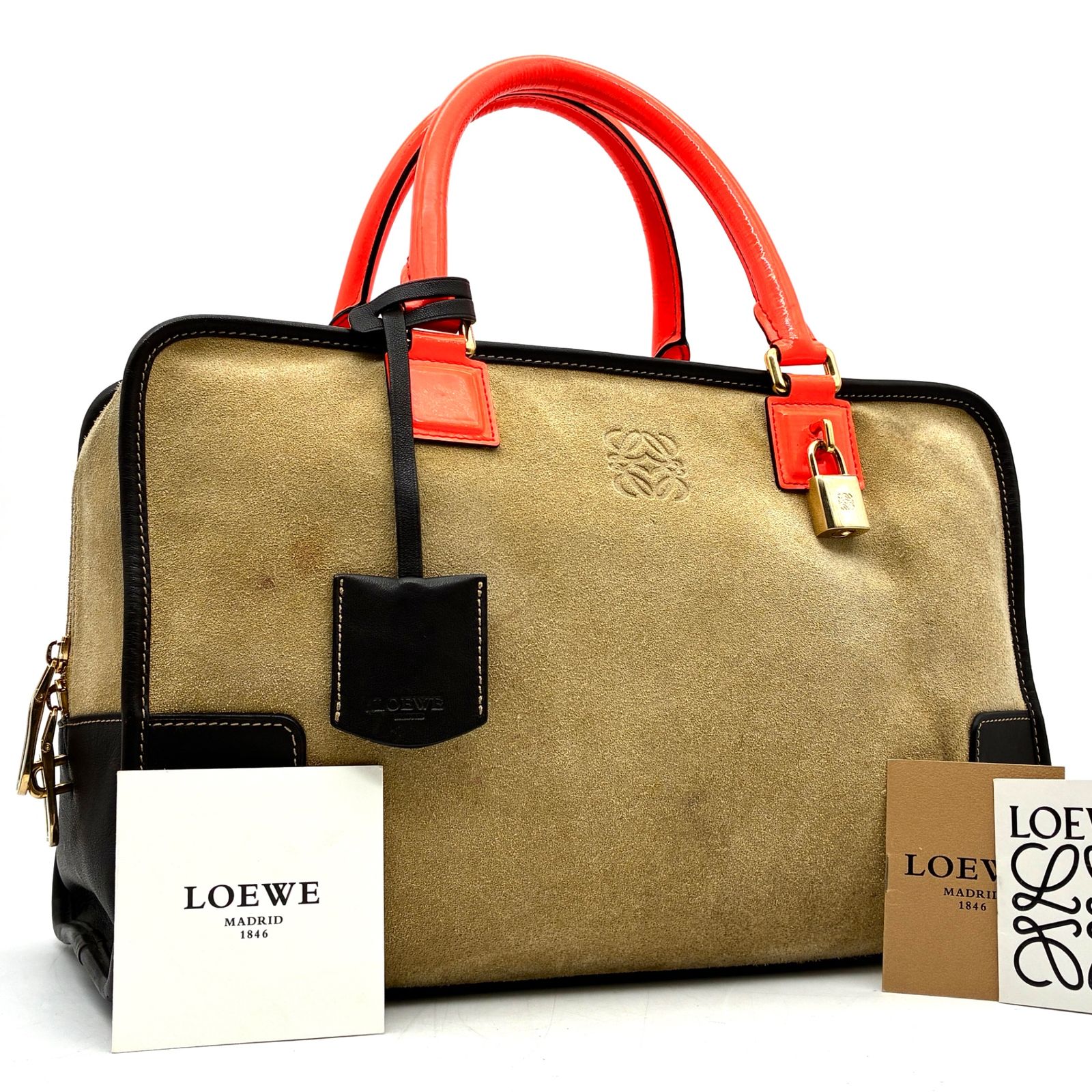 極美品 ロエベ LOEWE アマソナ 36 アナグラム ボストンバッグ ハンドバッグ スエード レザー ベージュ ブラック 黒 オレンジ マルチカラー 大容量 南京錠 カデナ 夏休み 帰省 お盆 敬老の日 シルバーウィーク 秋 ハロウィン ギフト プレゼント