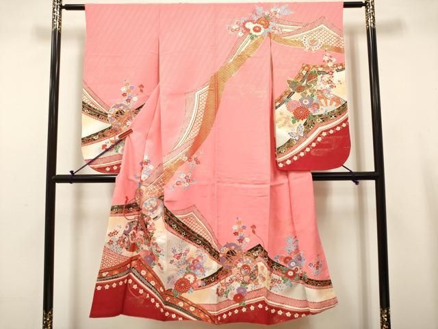 平和屋着物[]七五三　女の子　３歳　祝着　三つ身　駒刺繍　舞蝶花鼓文　金彩　DABH5255ea
