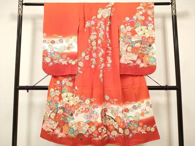 平和屋着物[]七五三　女の子　７歳　祝着　四つ身　扇面花文　枝垂れ桜　松竹梅　暈し染め　金彩　DABH5257ea