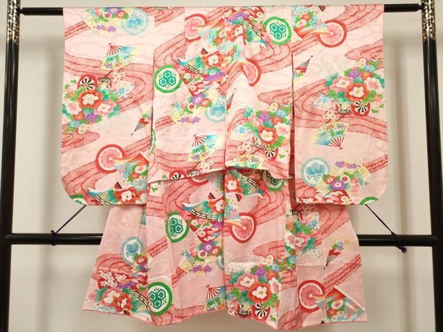 平和屋着物[]七五三　女の子　３歳　祝着　三つ身　扇面花車文　家紋散らし　逸品　DABH5261ea