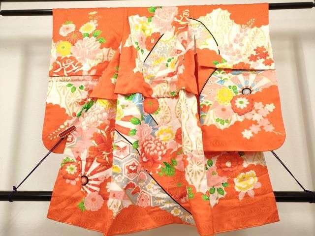 平和屋着物[]七五三　女の子　３歳　祝着　三つ身　駒刺繍　片輪車花文　金彩　逸品　DABH5262ea