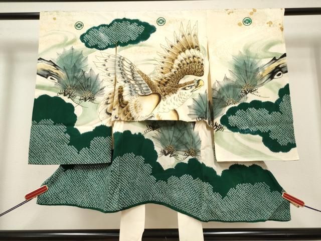 平和屋着物[]お宮参り　男の子　祝着　産着　初着　のしめ　絞り　手描き　鷹　鷲　笠松　金銀彩　逸品　DABH5289ea