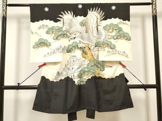 平和屋着物[]お宮参り　男の
2000
子　祝着　産着　初着　のしめ　駒刺繍　鷹　鷲　風景笠松文　金彩　逸品　DABH5293ea