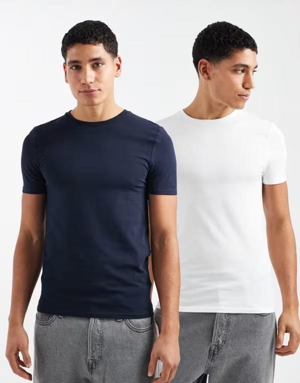 エイソス メンズ トップス Tシャツ ASOS DESIGN Essentials 2 pack muscle fitshirts and Navywhite ホワイト 8,174円