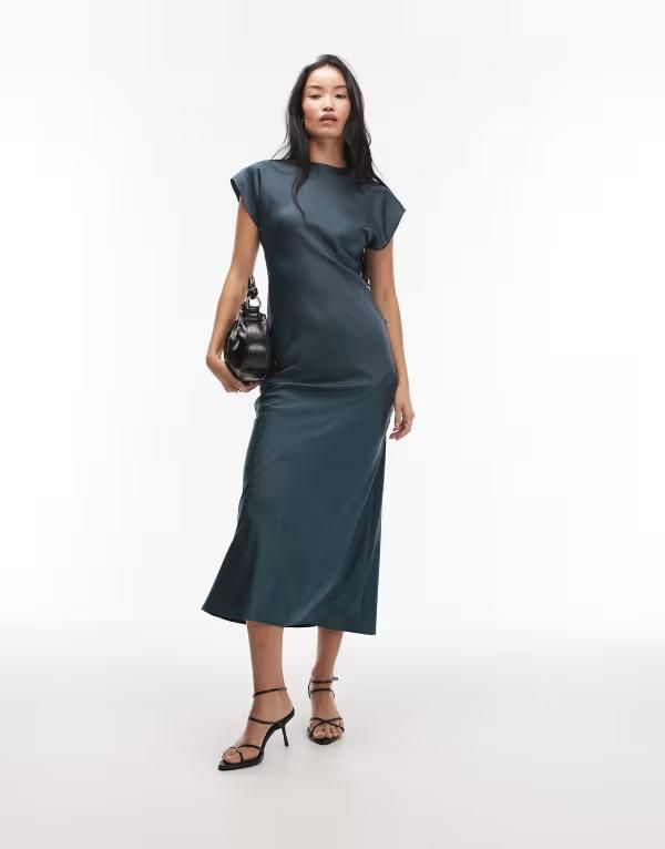 エイソス レディース トップス ワンピース サテン キャップ マキシ ASOS DESIGN cap sleeve seam detail satin maxi slip dress GREEN グリ