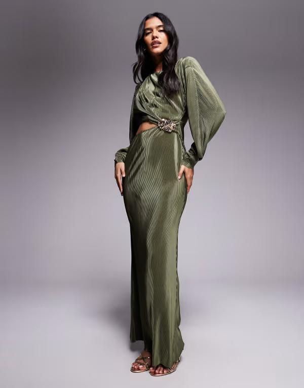 エイソス レディース トップス ワンピース マキシワンピース マキシ ASOS DESIGN plisse cocoon sleeve faux ord maxi dress with hardwar