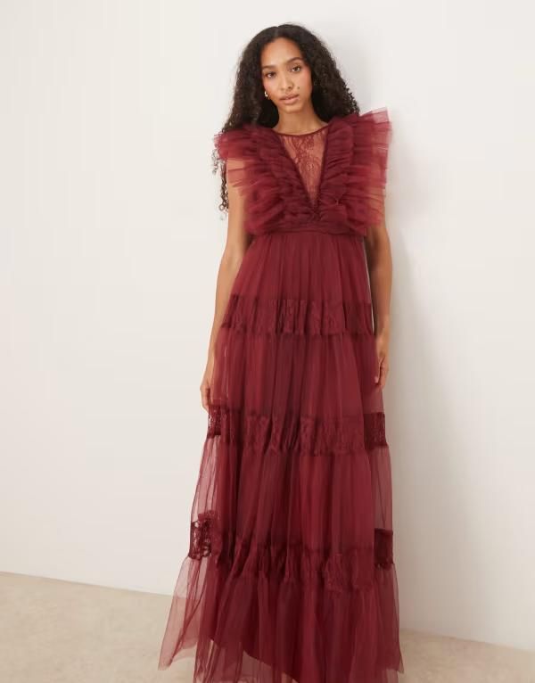レース アンド ビーズ レディース トップス ワンピース マキシワンピース シアー マキシ Lace Beads sheer lace plunge maxi dress in oxblood Oxb 18,346円