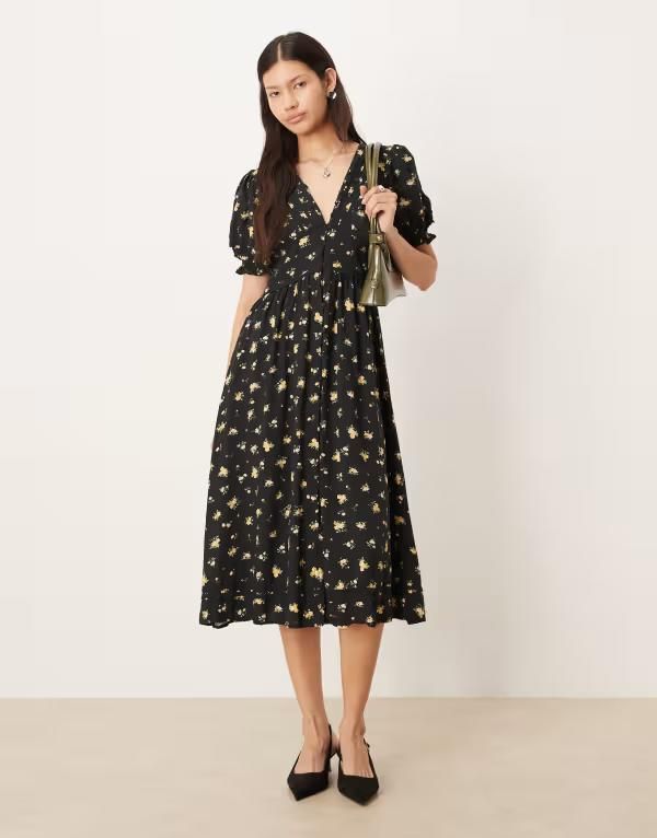 ノーバディーズ チャイルド レディース トップス ワンピース Vネック フラワー柄 プリント ミディ フラワー Nobodys Child vneck puff sleeve button front