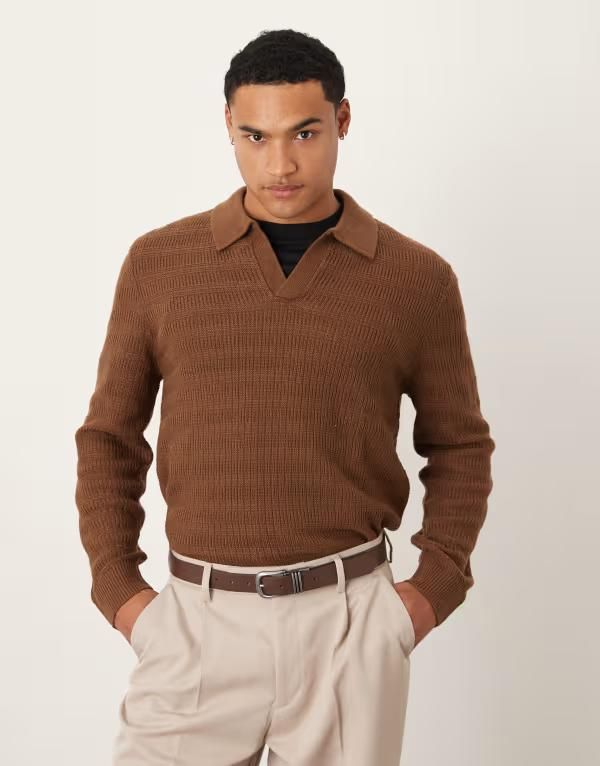 エイソス メンズ トップス ポロシャツ ニット ASOS DESIGN knit long sleeve basket stitch notch neck polo BROWN ブラウン 8,455円