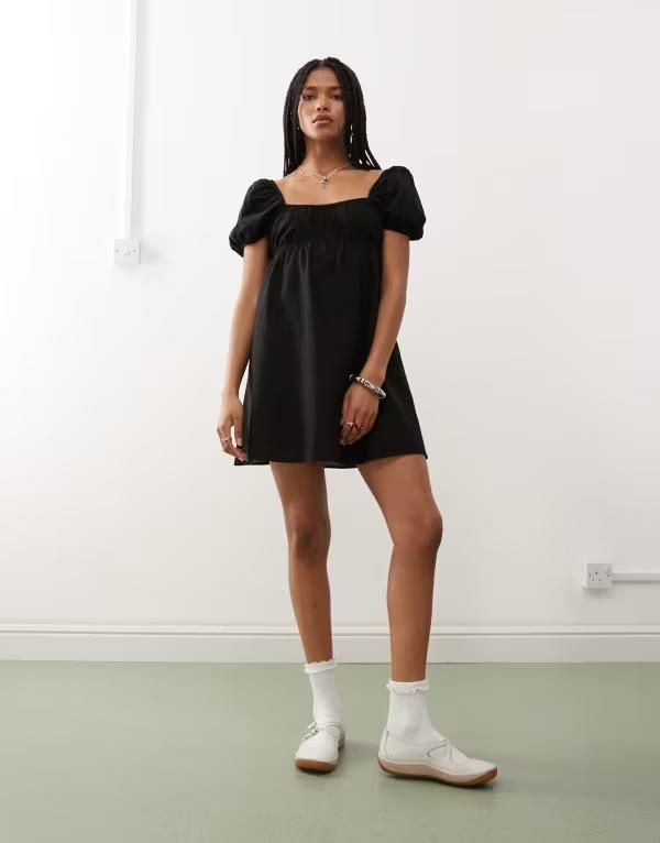 モンキ レディース トップス ワンピース ミニワンピース ミニ リネン Monki linen mini dress with puff sleeves Exclusive to ASOS Black
