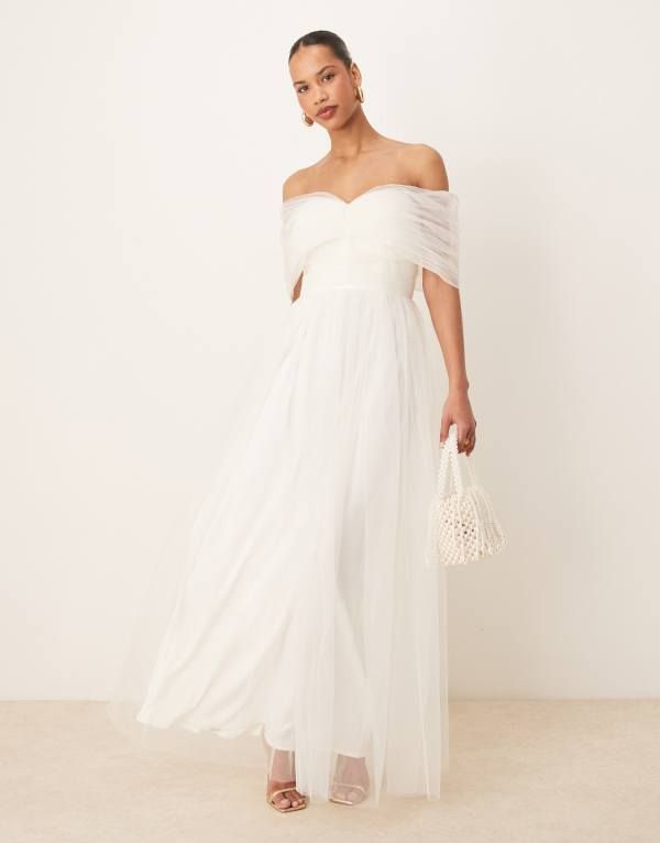 レース アンド ビーズ レディース トップス ワンピース チュール マキシワンピース マキシ Lace Beads bow off shoulder tulle maxi dress Ivory アイ