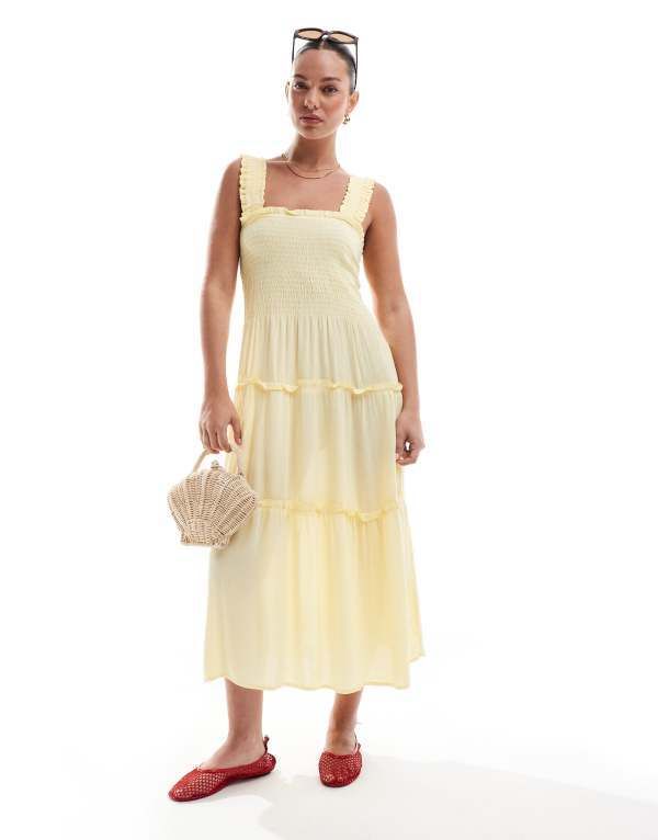 ヴェロモーダ レディース トップス ワンピース ミディワンピース ミディ Vero Moda shirred cami midi dress in pale banana Pale banana