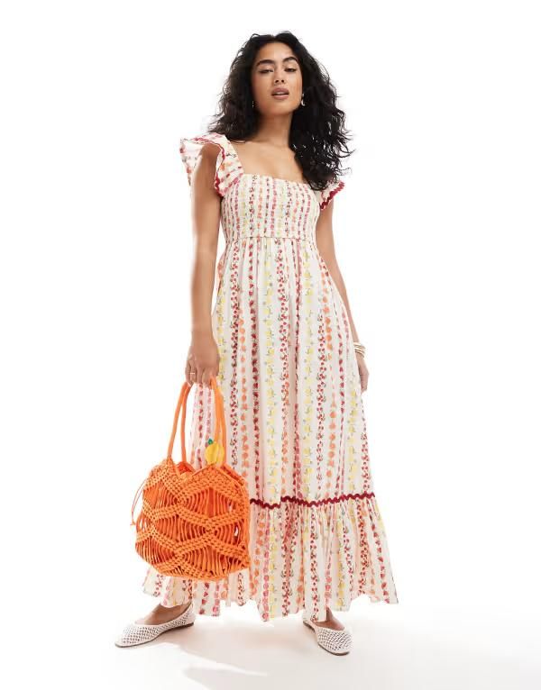 ミスセルフフリッジ レディース トップス ワンピース マキシワンピース プリント マキシ Miss Selfridge poplin maxi dress in fruit print Fruit p