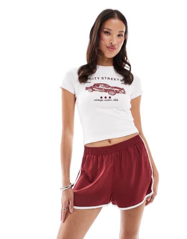 オンリー レディース ボトムス ハーフパンツ・ショーツ ショートパンツ サテン ONLY satin running shorts Burgundy バーガンディ