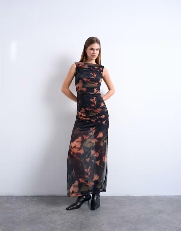 トップショップ レディース トップス ワンピース フラワー柄 プリント ギャザー メッシュ マキシ フラワー Topshop mesh floral print ruched maxi dress B