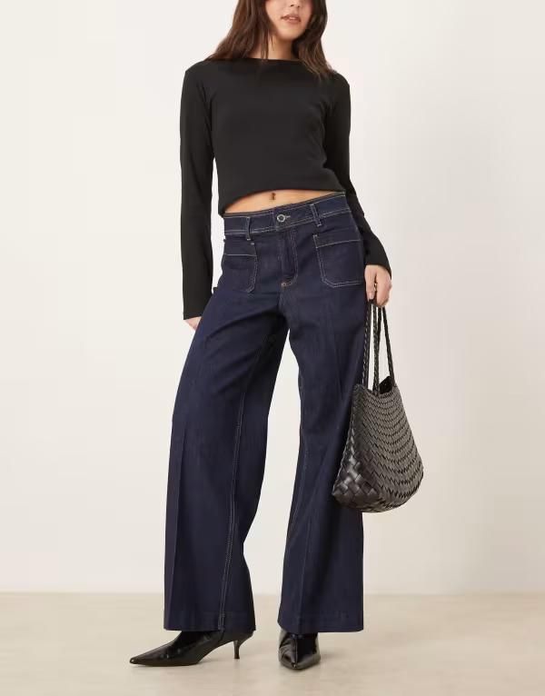 マンゴ レディース ボトムス デニムパンツ ワイドレッグ コットン Mango Jessie cotton mix pocket detail wide leg jean indigo INDIGO