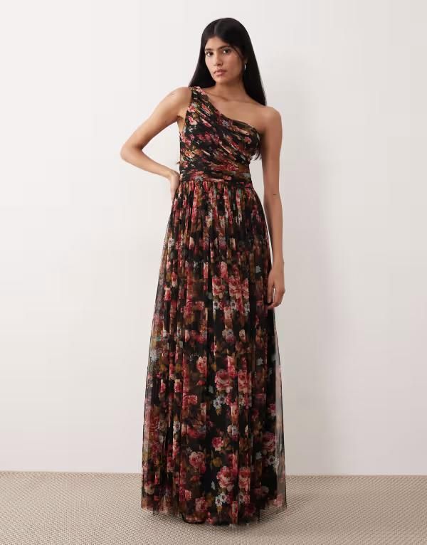 レース アンド ビーズ レディース トップス ワンピース チュール フラワー柄 プリント マキシ フラワー Lace Beads Bridesmaid tulle one shoulder maxi