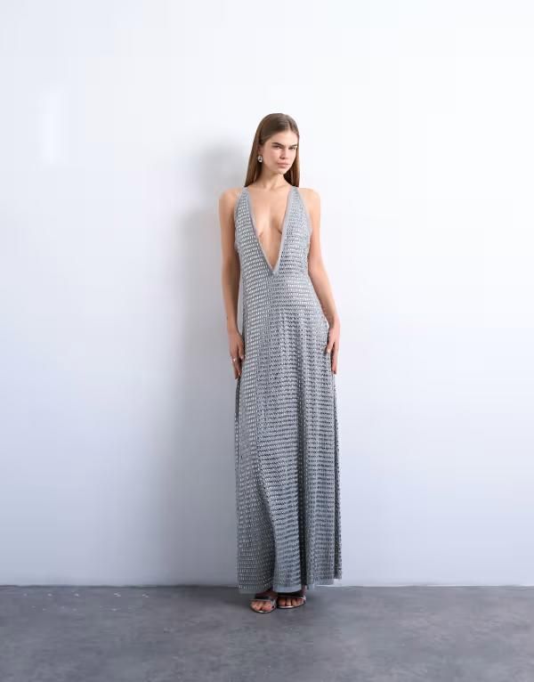 トップショップ レディース トップス ワンピース マキシ Topshop deep v hot fix maxi dressILVER シルバー