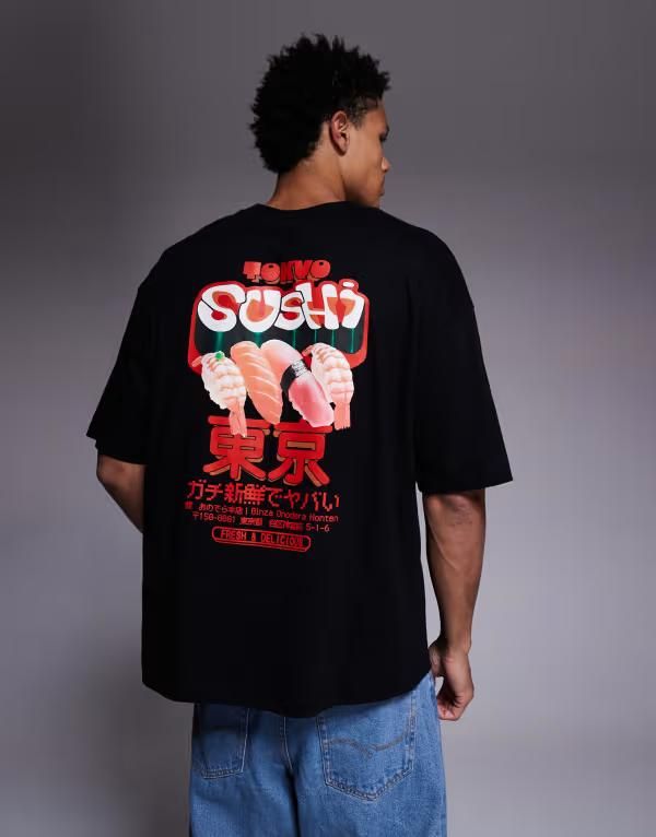 エイソス メンズ トップス Tシャツ グラフィック ASOS DESIGN oversized Tshirt with sushi graphic Black ブラック
