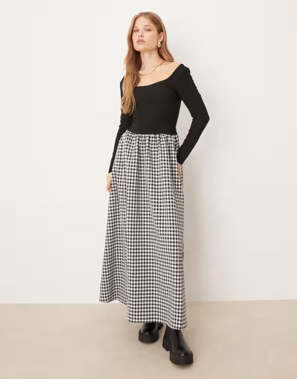 エイソス レディース トップス ワンピース マキシワンピース ギンガムチェック スカート マキシ ギンガム ASOS DESIGN hybrid scoop neck maxi dress in mo