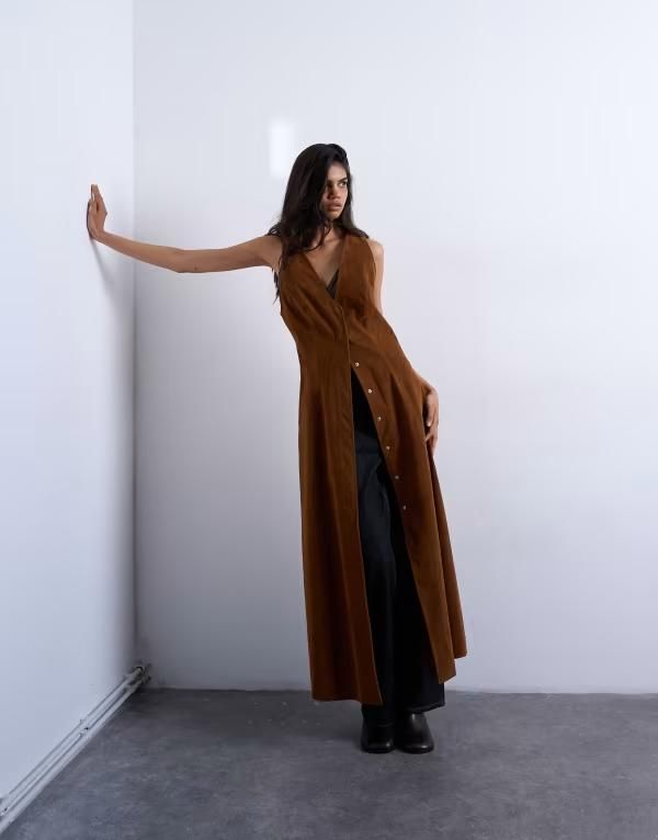 トップショップ レディース トップス ワンピース ミディワンピース ミディ スエード Topshop faux suede hidden button plaquette midi dress Tan