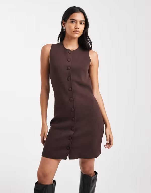 ヴェロモーダ レディース トップス ワンピース ミニワンピース ミニ ニット Vero Moda knit mini dress with covered buttons in chocolate B