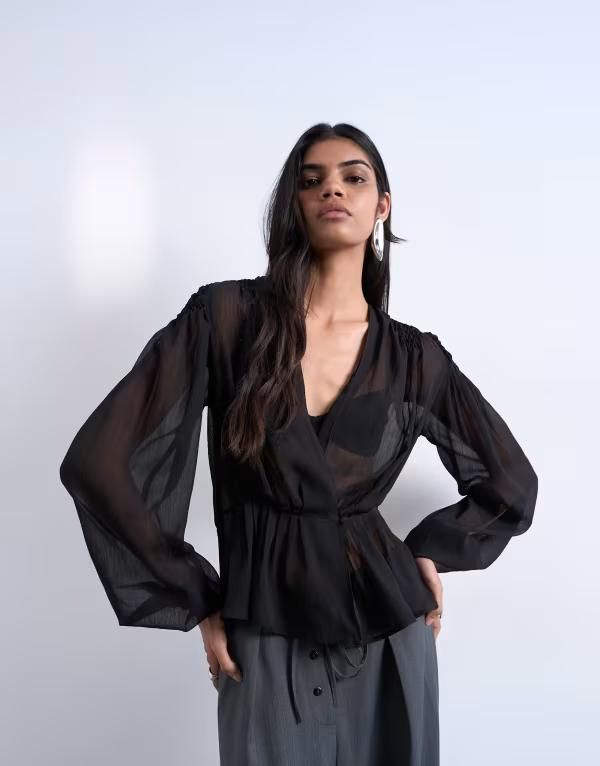 トップショップ レディース トップス タンクトップ シフォン シアー ブラウス Topshop chiffon sheer panelong sleeve blouse Black ブラック