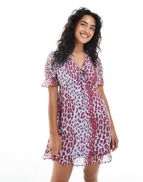 ウェンズデーガール レディース トップス ワンピース ミニワンピース プリント ミニ Wednesdays Girl leopard print Bneck mini dress and Bluebu