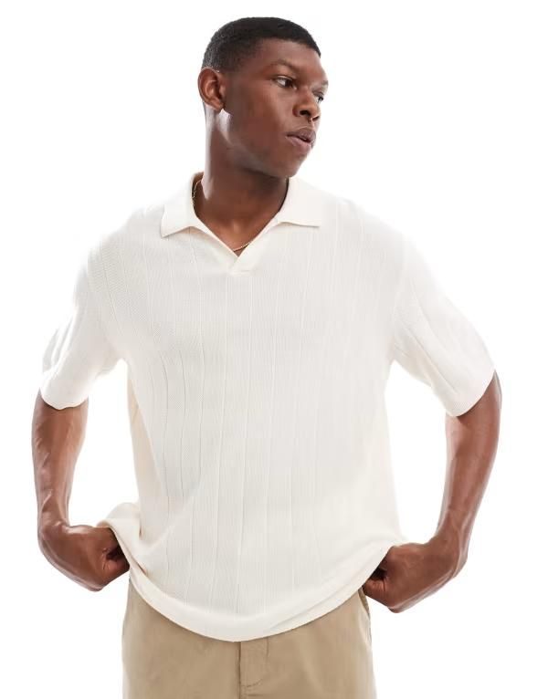 ジャック アンド ジョーンズ メンズ トップス ポロシャツ リブニット シャツ ニット Jack Jones open neck rib knit polo shirt in cream Sea sa