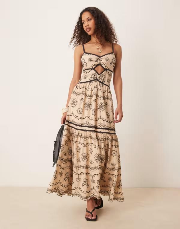 エイソス レディース トップス ワンピース カットアウト マキシワンピース 刺繍 マキシ ASOS DESIGN cami cut out embroidered maxi dress in ston
