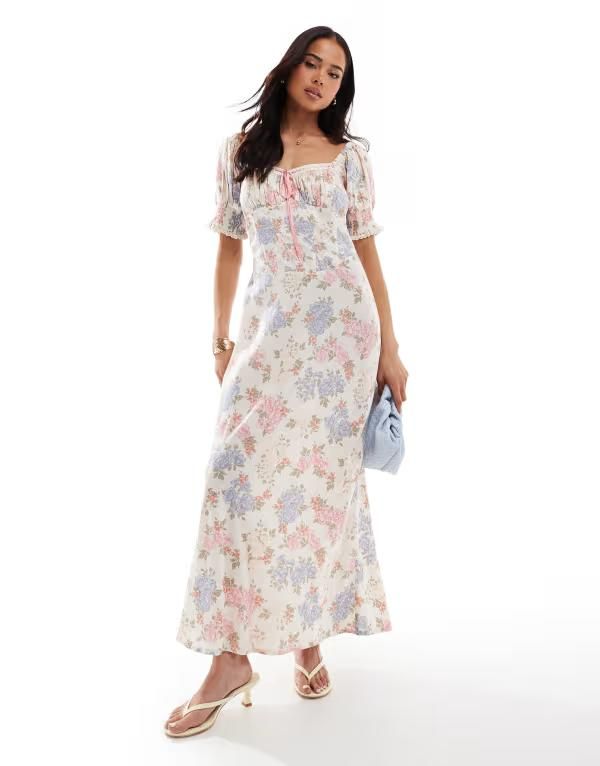 エイソス レディース トップス ワンピース ミディワンピース フラワー柄 プリント ミディ フラワー ASOS DESIGN sweetheart neckline ribbon midi dress