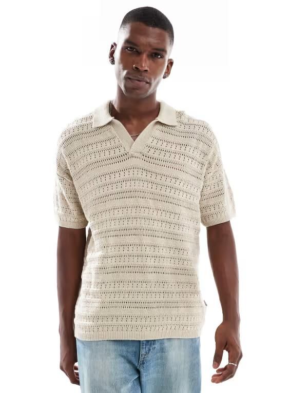 オンリーアンドサンズ メンズ トップス ポロシャツ ニット ONLY SONS open knit slit neck polo shirt Silver Lining シルバー