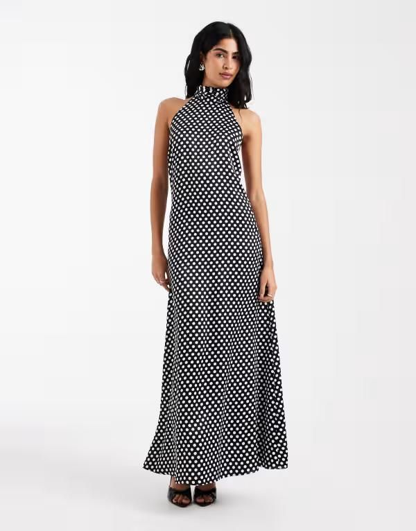 エイソス レディース トップス ワンピース ドット柄 ドット サテン マキシ ホルター ASOS DESIGN satin halter low back maxi dress in polka do