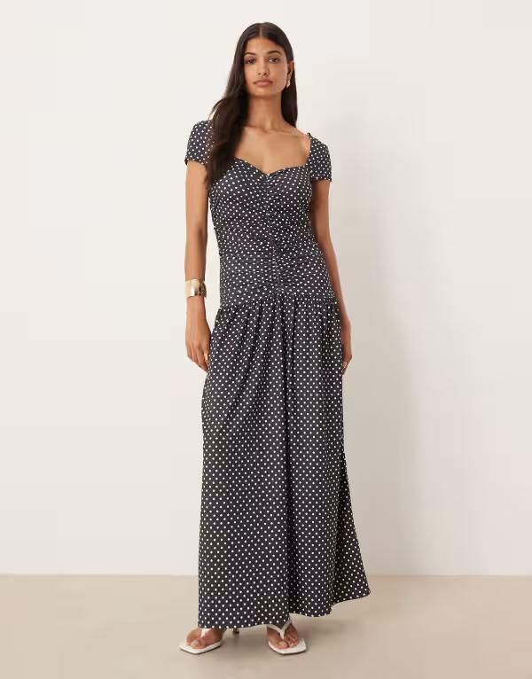 エイソス レディース トップス ワンピース ドット柄 マキシワンピース ドット ギャザー キャップ マキシ ASOS DESIGN cap sleeve ruched front maxi dress 8,174円