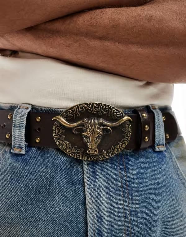 エイソス メンズ アクセサリー ベルト レザー フェイクレザー ASOS DESIGN western plated bull buckle studded belt faux leather BRO