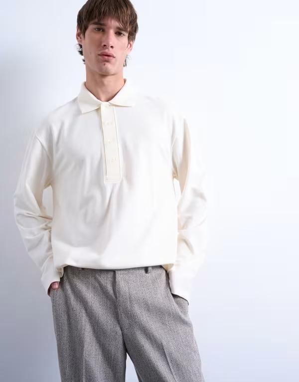 トップマン メンズ トップス ポロシャツ リラックスフィット Topman relaxed fit structured stitch long sleeve polo shirt in ecru エ 9,485円