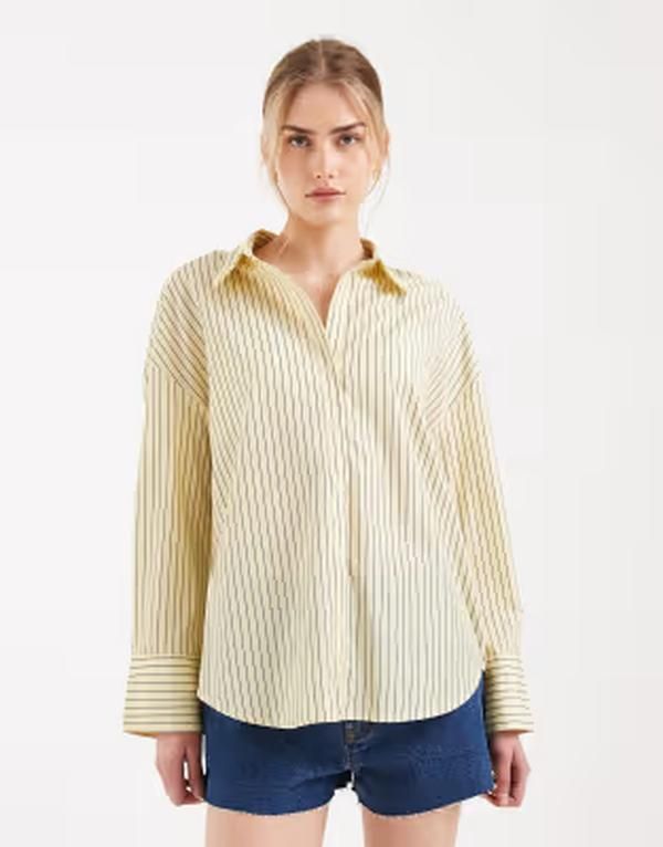 オンリー レディース トップス シャツ ONLY oversized shirt in light yellow stripe Sunlight イエロー