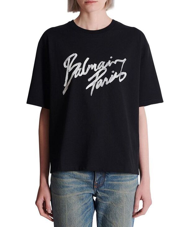 バルマン レディース トップス シャツ プリント Boxy TShirt with Balmain Paris Brush Print Black ブラック