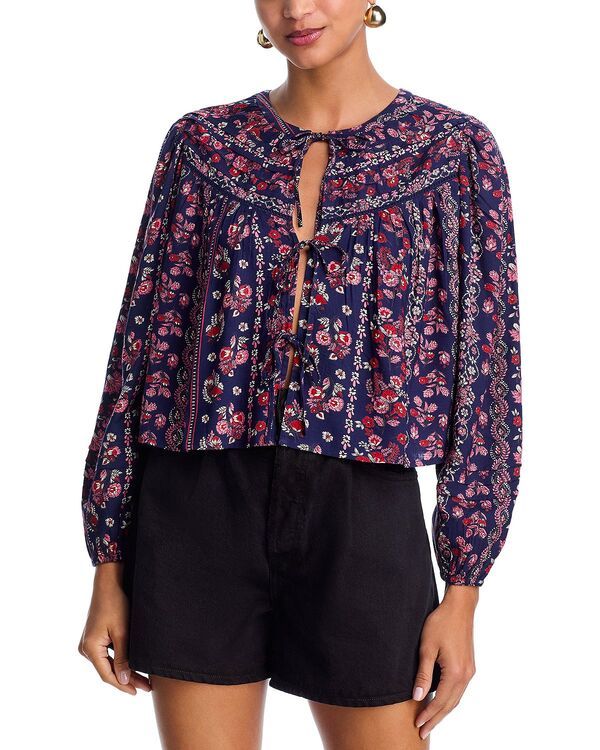 アクア レディース トップス シャツ AQUA Paisley Tie Front Long Sleeve Top Exclusive Navy ネイビー