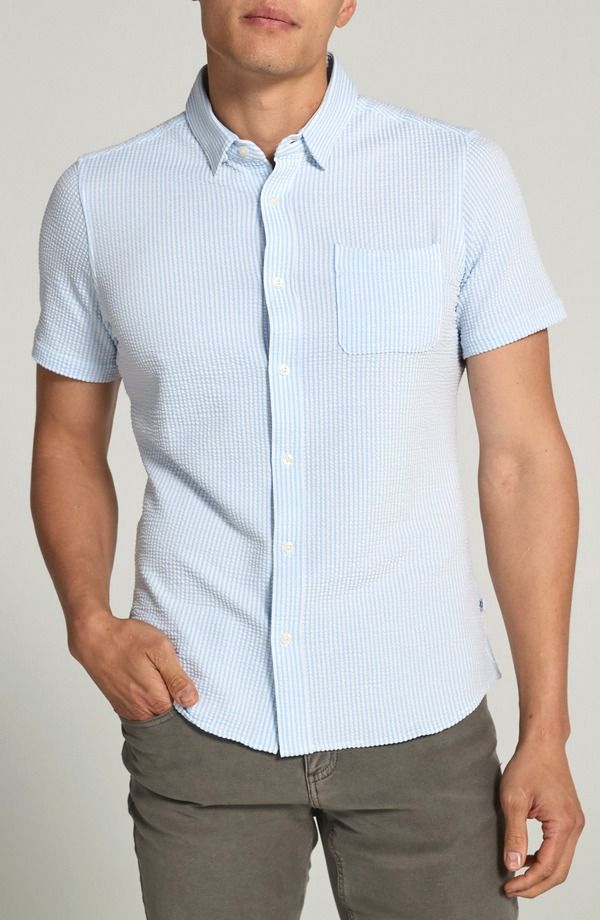 セブンダイヤモンド メンズ トップス シャツ 7 Diamonds Keaton Stripe Seersucker Short Sleeve ButtonUp Shirt Blue ブルー 21,885円