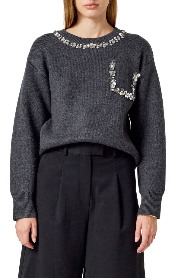 エンドレスローズ レディース アウター パーカー・スウェット セーター Endless Rose Pailette Trim Sweater Charcoal チャコール