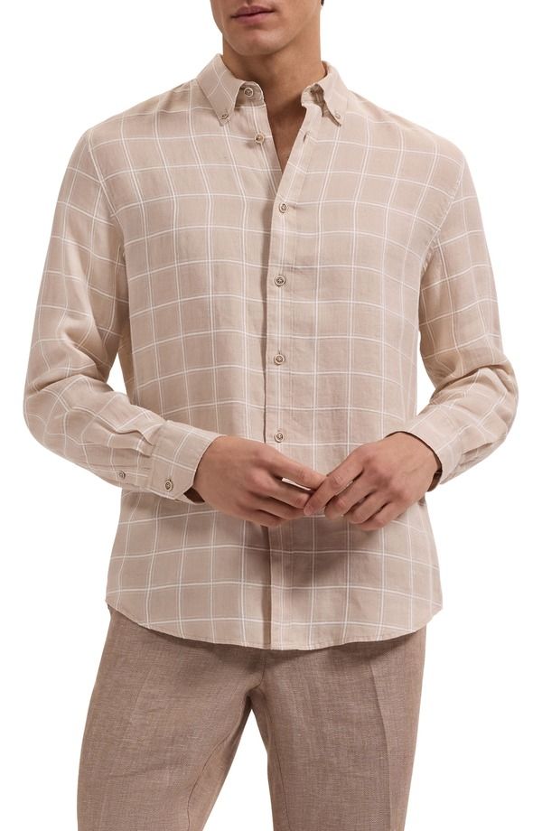 ブガッチ メンズ トップス シャツ コットン ダウン リネン Bugatchi Austin Shaped Fit Windowpane Check Linen Cotton ButtonDown S