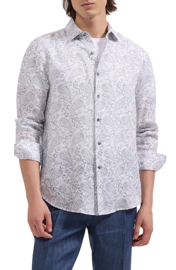 ブガッチ メンズ トップス シャツ プリント リネン Bugatchi Julian Shaped Fit Paisley Print Linen ButtonUp Shirt White ホワイト