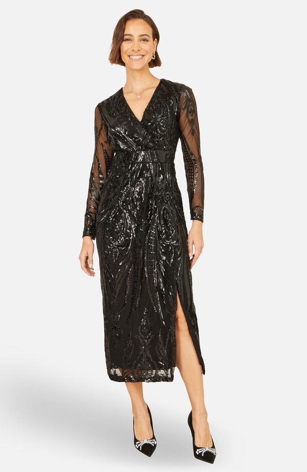 ユミキム レディース トップス ワンピース ミディ スパンコール Yumi Sequin Midi Long Sleeve Wrap Dress Black ブラック