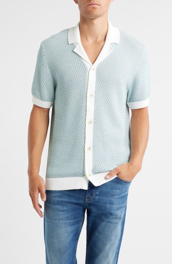 ボス メンズ トップス シャツ ニット BOSS Iconico Texture Knit Camp Shirt Light Pastel Blue ブルー 46,080円