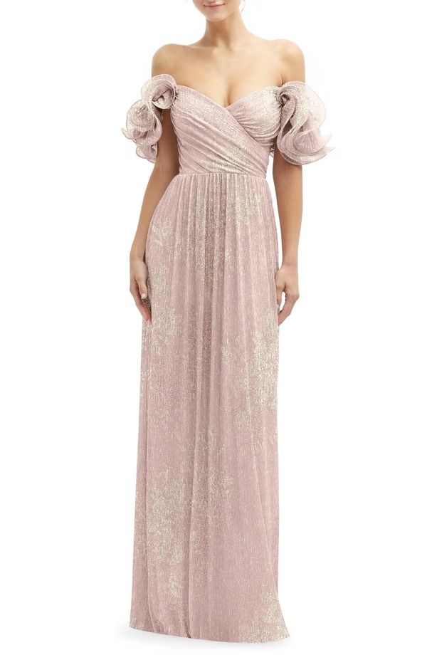 アフターシックス レディース トップス ワンピース フリル トール After Six Ruffle Off the Shoulder Metallicolumn Gown Pink Gold ピンク