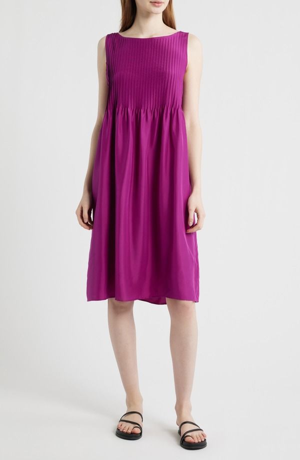 エイリーンフィッシャー レディース トップス ワンピース プリーツ シルク Eileen Fisher Pleated Silk Dress Berry Bloom